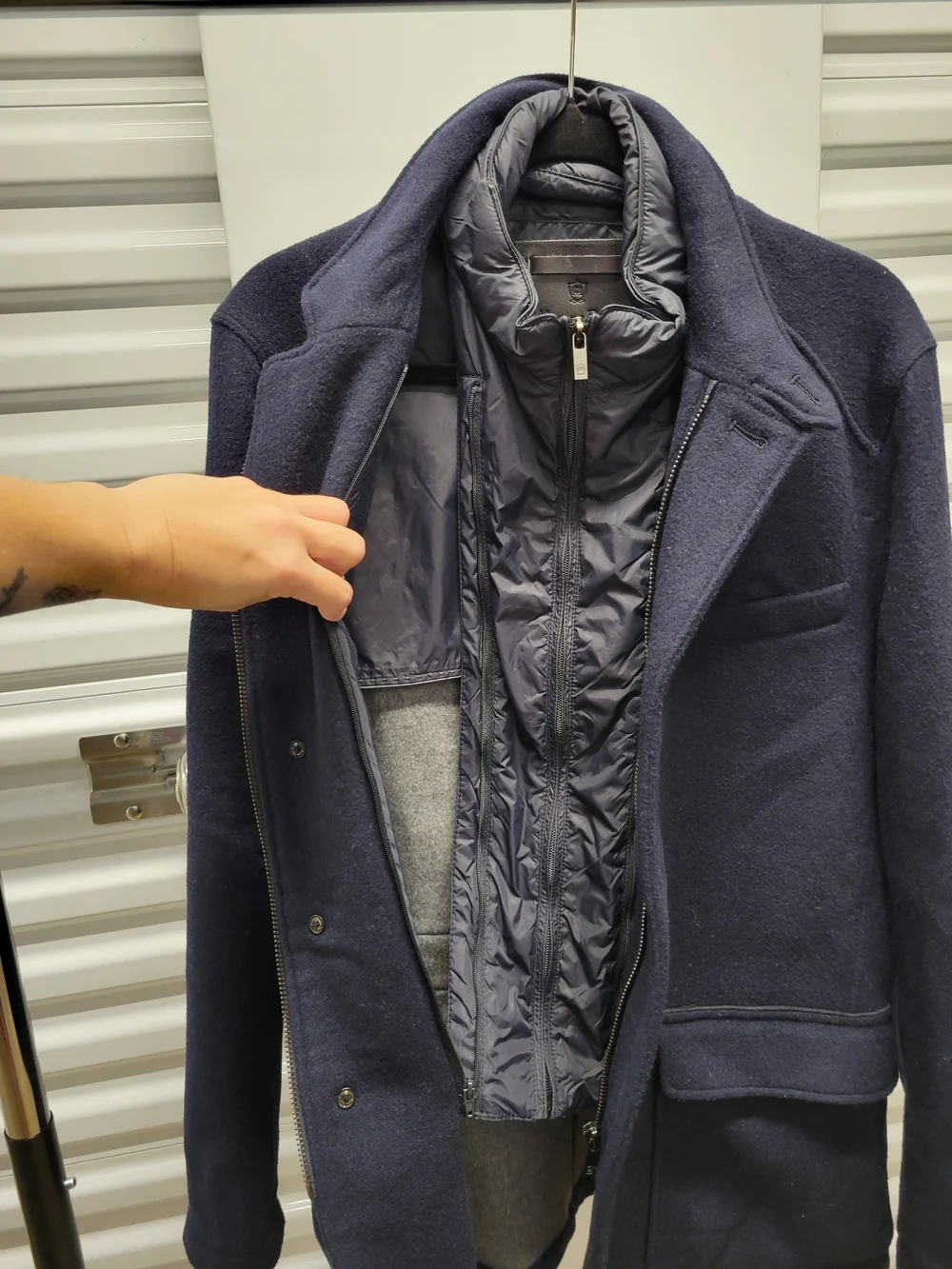 Massimo Dutti 2-in-1 wool jacket featuring a built-in, quilted puffer bib